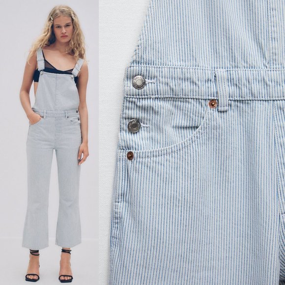 Zara Pin Striped Light Blue Denim Jumpsuit Ankle Straight Leg Overall Pant M - Picture 7 of 9